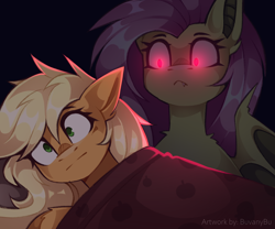 Size: 3000x2500 | Tagged: safe, artist:buvanybu, applejack, fluttershy, bat pony, earth pony, pony, g4, :<, awake, bat ponified, duo, duo female, female, flutterbat, glowing, glowing eyes, looking at someone, race swap, red eyes, scared, shrunken irises, spread wings, wings