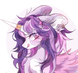 Size: 876x821 | Tagged: safe, artist:misty.mooon, oc, oc only, alicorn, alicorn oc, blushing, chest fluff, commission, ear fluff, ear piercing, earring, eye clipping through hair, eyebrows, eyebrows visible through hair, female, hairclip, horn, horn ring, jewelry, licking, licking lips, mare, piercing, ring, tongue out, wings