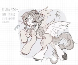 Size: 1338x1114 | Tagged: safe, artist:misty.mooon, oc, oc only, oc:mistea, pegasus, pony, abstract background, bandage, bandaid, ear piercing, earring, eye clipping through hair, eyebrows, female, jewelry, mare, one eye closed, piercing, solo, unshorn fetlocks, wink