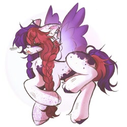 Size: 876x876 | Tagged: safe, artist:misty.mooon, oc, oc only, pegasus, pony, braid, ear piercing, earring, female, flying, jewelry, mare, piercing, simple background, solo, unshorn fetlocks, white background