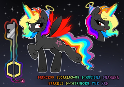 Size: 2388x1668 | Tagged: safe, oc, oc:princess bonquisha, oc:princess sugarlicious bonquisha shanana sparkle doombringer the 3rd, alicorn, pony, alicorn oc, artificial wings, augmented, colored horn, female, halo, hat, horn, horns, keyblade, kingdom hearts, lidded eyes, magic, magic wings, mare, multicolored hair, overly long name, party hat, rainbow hair, rainbow horn, rainbow tail, red eyes, red wings, reference sheet, solo, standing on two hooves, tail, weapon, wings