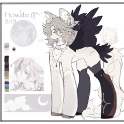 Size: 1440x1440 | Tagged: safe, artist:misty.mooon, oc, oc only, oc:howlite, human, pegasus, clothes, ear fluff, ear piercing, earring, howl, howl's moving castle, jewelry, kinsona, male, necklace, piercing, reference sheet, shirtless shirt collar, socks, solo, spread wings, stallion, wings