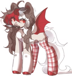 Size: 1300x1365 | Tagged: safe, artist:misty.mooon, oc, oc only, bat pony, pony, clothes, female, knife, mare, mouth hold, simple background, socks, white background