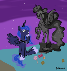 Size: 998x1056 | Tagged: safe, artist:wrath-marionphauna, nightmare moon, princess luna, alicorn, pony, mlp fim's fourteenth anniversary, g4, candy, crown, female, food, jewelry, mare, nightmare night, outdoors, regalia, smiling, statue