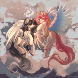 Size: 1440x1440 | Tagged: safe, artist:misty.mooon, oc, oc only, oc:misty, alicorn, pegasus, pony, alicorn oc, bracelet, choker, duo, ear piercing, earring, female, flying, horn, jewelry, looking at each other, looking at someone, mare, outdoors, piercing, spread wings, tongue out, wings