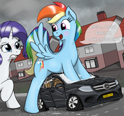 Size: 2476x2328 | Tagged: safe, artist:qkersnll, rainbow dash, rarity, pegasus, pony, unicorn, g4, blushing, building, car, cloud, cloudy, commission, destruction, duo, duo female, female, giant pony, giantess, high res, horn, macro, mare, mercedes-benz, outdoors, overcast, speech bubble, sweat