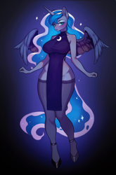 Size: 2128x3216 | Tagged: safe, alternate version, artist:jrolly678, princess luna, alicorn, anthro, unguligrade anthro, g4, beautisexy, blushing, breasts, busty princess luna, clothes, dark background, dress, female, gradient background, high heels, high res, looking at you, shoes, side slit, socks, solo, spread wings, stockings, thigh highs, total sideslit, wide hips, wings