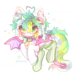 Size: 1440x1446 | Tagged: safe, artist:misty.mooon, oc, oc only, bat pony, pony, braid, clothes, collar, ear fluff, ear piercing, earring, eye clipping through hair, eyebrows, eyebrows visible through hair, female, jewelry, mare, piercing, simple background, socks, spread wings, white background, wings