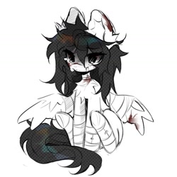 Size: 1440x1440 | Tagged: safe, artist:misty.mooon, oc, oc only, oc:melatonin, pegasus, pony, bandage, blood, chest fluff, crying, ear fluff, female, injured, mare, simple background, sitting, spread wings, white background, wings