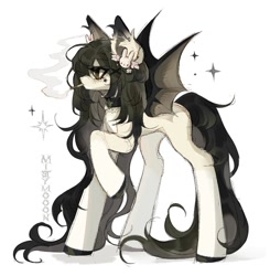 Size: 1440x1471 | Tagged: safe, artist:misty.mooon, oc, oc only, oc:sage, bat pony, pony, choker, cigarette, ear fluff, ear piercing, earring, female, jewelry, mare, piercing, smoking, solo, spread wings, wings