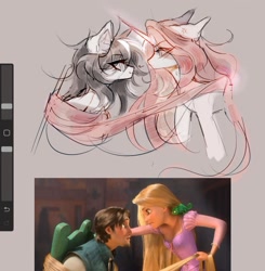 Size: 1440x1471 | Tagged: safe, artist:misty.mooon, oc, chameleon, human, pony, unicorn, art program in frame, cross-popping veins, ear fluff, emanata, female, flynn rider, horn, long hair, male, mare, pascal (tangled), procreate app, rapunzel, tangled (disney), tied up, tongue out