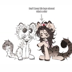 Size: 1131x1131 | Tagged: safe, artist:misty.mooon, oc, oc:hakú, big cat, leopard, original species, pony, snow leopard, ><, blushing, collar, duo, ear fluff, ear piercing, earring, eyes closed, floating heart, geto suguru, hat, heart, jewelry, jujutsu kaisen, kinsona, leopard pony, male, nurse hat, nurse outfit, piercing, satoru gojou, simple background, sitting, stallion, stitches, sunglasses, sunglasses on head, white background