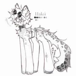 Size: 1431x1431 | Tagged: safe, artist:misty.mooon, oc, oc:hakú, big cat, leopard, original species, pony, snow leopard, chest fluff, collar, jujutsu kaisen, kinsona, leopard pony, male, paws, reference sheet, satoru gojou, simple background, solo, stallion, sunglasses, sunglasses on head, white background