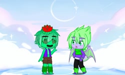 Size: 2000x1200 | Tagged: safe, artist:carolinajt, spike, anthro, g4, brawl stars, brawler, cactus, clothes, confused, crossover, duo, duo male, flower, gacha, gacha club, gacha life, male, name joke, name pun, namesake, pants, pun, scarf, shirt, shoes, spike (brawl stars), supercell, sweater, vest, visual pun