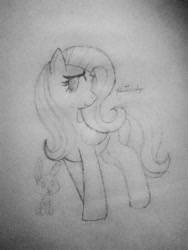 Size: 828x1103 | Tagged: safe, artist:carolinajt, angel bunny, fluttershy, pegasus, rabbit, g4, angelbetes, animal, cute, drawing, duo, duo male and female, female, male, mare, monochrome, paper, shyabetes, sketch, traditional art