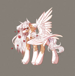 Size: 1280x1300 | Tagged: safe, artist:misty.mooon, oc, oc only, pegasus, pony, chest fluff, deviantart watermark, female, flower, flower in hair, gray background, mare, obtrusive watermark, simple background, solo, spread wings, watermark, wings