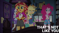 Size: 1280x720 | Tagged: safe, edit, edited screencap, editor:quoterific, screencap, fluttershy, pinkie pie, rarity, spike, spike the regular dog, sunset shimmer, human, equestria girls, g4, my little pony equestria girls: legend of everfree, camp everfree outfits, dialogue, female, hand on hip, indoors