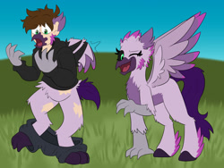 Size: 1200x900 | Tagged: oc name needed, safe, artist:detectivecoon, oc, oc only, classical hippogriff, hippogriff, human, g4, black sclera, clothes, eye clipping through hair, grass, hippogriff oc, hoodie, human to classical hippogriff, human to hippogriff, male to female, one eye closed, open mouth, open smile, outdoors, pants, rule 63, smiling, spread wings, torn clothes, transformation, transformation sequence, transgender transformation, wings, wink