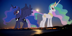 Size: 2048x1050 | Tagged: safe, artist:90sigma, edit, editor:jaredking779, princess celestia, princess luna, alicorn, pony, g4, alternate eye color, attack on pony, butt, california, crown, duo, duo female, ethereal mane, ethereal tail, evil, female, folded wings, giant pony, giantess, giantlestia, grin, highrise ponies, irl, jewelry, macro, mare, mind control, photo, plot, ponies in real life, red eyes, regalia, royal sisters, san francisco, siblings, sisters, smiling, spread wings, starry mane, starry tail, story included, sunbutt, tail, tall, thin, wings, wrong eye color