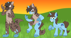 Size: 1666x900 | Tagged: oc name needed, safe, artist:detectivecoon, oc, oc only, hyena, pony, unicorn, g4, ear piercing, earring, eye clipping through hair, eye color change, furry, furry oc, furry to pony, grass, horn, jewelry, male, open mouth, outdoors, piercing, raised hoof, smiling, sunset, transformation, transformation sequence, unicorn oc