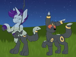 Size: 1200x900 | Tagged: oc name needed, safe, artist:detectivecoon, oc, oc only, drink pony, food pony, original species, pony, soda pony, umbreon, unicorn, g4, eye clipping through hair, glasses, grass, horn, male, night, o mouth, outdoors, pokefied, pokémon, pony to pokémon, soda, species swap, transformation, transformation sequence, transparent, unicorn oc