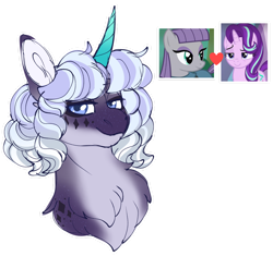 Size: 1280x1205 | Tagged: safe, artist:malinraf1615, maud pie, starlight glimmer, oc, oc:evie, pony, unicorn, g4, bust, female, horn, lesbian, magical lesbian spawn, mare, offspring, parent:maud pie, parent:starlight glimmer, parents:starmaud, portrait, shipping, simple background, starmaud, transparent background