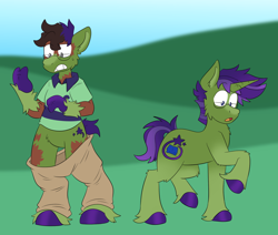 Size: 1238x1050 | Tagged: oc name needed, safe, artist:detectivecoon, oc, oc only, human, pony, unicorn, g4, clothes, eye clipping through hair, glasses, horn, human to pony, outdoors, pants, raised hoof, shirt, shocked, shocked expression, transformation, transformation sequence, unicorn oc