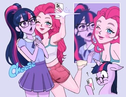 Size: 1678x1290 | Tagged: safe, artist:ridovax, pinkie pie, twilight sparkle, human, pony, equestria girls, g4, duo, female, glasses, mare, self paradox, self ponidox, selfie