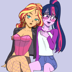 Size: 1608x1608 | Tagged: safe, artist:ridovax, sunset shimmer, twilight sparkle, human, equestria girls, g4, blushing, breasts, cleavage, clothes, duo, female, fishnet clothing, fishnet stockings, glasses, jacket, lesbian, ship:sunsetsparkle, shipping, simple background, stockings, thigh highs