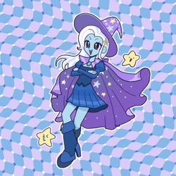 Size: 976x976 | Tagged: safe, artist:ridovax, trixie, human, equestria girls, g4, boots, cape, clothes, crossed arms, female, hat, modern art, optical illusion, patterned background, shoes, skirt, solo, witch hat