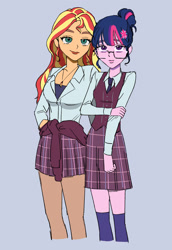 Size: 1702x2469 | Tagged: safe, artist:ridovax, sci-twi, sunset shimmer, twilight sparkle, human, equestria girls, g4, clothes, crystal prep academy uniform, duo, female, glasses, gray background, lesbian, necktie, school tie, school uniform, schoolgirl, ship:sunsetsparkle, shipping, simple background, uniform