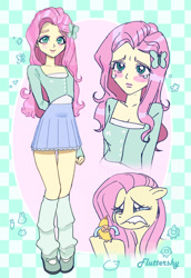 Size: 1757x2556 | Tagged: safe, artist:ridovax, fluttershy, human, pegasus, pony, equestria girls, g4, abstract background, banana, blushing, crying, female, food, mare, self paradox, self ponidox, solo