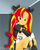 Size: 2382x2952 | Tagged: safe, artist:cyber-murph, sunset shimmer, equestria girls, g4, breasts, busty sunset shimmer, cleavage, clothes, commission, cosplay, costume, indoors, jacket, lidded eyes, midriff, nicole demara (zenless zone zero), ribbon, sitting, zenless zone zero