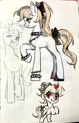 Size: 1770x2746 | Tagged: safe, artist:miukyhiedo, oc, oc only, alicorn, bat pony, bat pony alicorn, earth pony, pony, bat wings, bow, choker, curved horn, fangs, female, hair bow, hoof shoes, horn, mare, red eyes, self paradox, self ponidox, solo, spiked choker, spiked wristband, tail, tail bow, traditional art, wings, wristband