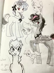 Size: 1894x2547 | Tagged: safe, artist:miukyhiedo, oc, oc only, bat pony, earth pony, pony, bow, fangs, female, hair bow, mare, sketch, sketch dump, traditional art