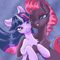 Size: 2048x2048 | Tagged: safe, artist:selkie, tempest shadow, twilight sparkle, alicorn, pony, unicorn, g4, broken horn, butch, chest fluff, duo, duo female, female, femme, high res, horn, hug, lesbian, mare, ship:tempestlight, shipping