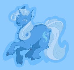 Size: 1871x1757 | Tagged: safe, artist:bastoncrack, trixie, pony, unicorn, g4, blue background, chest fluff, female, horn, mare, simple background, solo, unshorn fetlocks