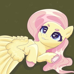 Size: 2048x2048 | Tagged: safe, artist:selkie, fluttershy, pegasus, pony, g4, beanbrows, cute, eyebrows, female, heart, heart eyes, lying down, mare, shyabetes, solo, wingding eyes