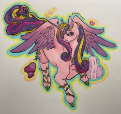 Size: 1872x1766 | Tagged: safe, artist:bastoncrack, princess cadance, alicorn, pony, g4, female, flying, hoof shoes, jewelry, mare, peytral, regalia, simple background, solo, spread wings, traditional art, white background, wings