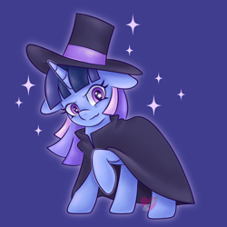 Size: 2048x2048 | Tagged: safe, artist:czscribbles, oc, oc only, oc:flawless sparklemoon, pony, unicorn, my little pony the movie: the death of twilight sparkle, blue background, cloak, clothes, female, fusion, fusion:trixie, fusion:twilight sparkle, fusion:twixie, hat, horn, looking at you, mare, raised hoof, simple background, smiling, smirk, solo, sparkles, top hat, unicorn oc