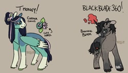 Size: 1802x1022 | Tagged: safe, artist:venus_ai_, oc, oc only, oc:bramble blade, oc:copper coins, pegasus, pony, unicorn, >:), black mane, black tail, blaze (coat marking), blue coat, bonnet (coat marking), cloven hooves, coat markings, colored eyelashes, colored pinnae, colored wings, colored wingtips, countershading, curved horn, dappled, dappled gray, dreadlocks, duo, eyelashes, facial markings, fetlock tuft, floppy ears, folded wings, glowing, glowing horn, gray coat, gray eyelashes, green eyes, green hooves, hair bun, horn, lidded eyes, magic, magic aura, male, mealy mouth (coat marking), moot, pegasus oc, ponysona, signature, simple background, snip (coat marking), socks (coat markings), stallion, standing, tail, two toned mane, two toned tail, two toned wings, unicorn oc, unshorn fetlocks, wings