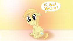 Size: 2560x1440 | Tagged: safe, artist:arch villain, noi, earth pony, pony, g4, blushing, female, filly, foal, gradient background, looking at you, sitting, solo, speech bubble, text