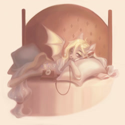 Size: 3000x3000 | Tagged: safe, artist:abri, oc, oc only, bat pony, pony, bed, commission, female, lying down, mare, one eye closed, phone, pillow, prone, rotary phone, solo, spread wings, unshorn fetlocks, wings, ych result