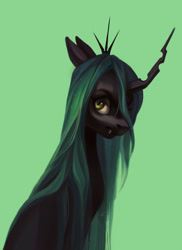 Size: 2186x3000 | Tagged: safe, artist:abri, queen chrysalis, changeling, changeling queen, g4, fangs, female, green background, simple background, solo