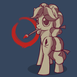 Size: 1024x1024 | Tagged: safe, artist:thunder chaser, kettle corn, earth pony, pony, g4, blue background, butt, circle, drawing, female, filly, foal, grayscale, monochrome, mouth hold, paintbrush, plot, simple background, solo