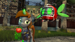 Size: 1920x1080 | Tagged: safe, artist:scorp125, oc, oc only, oc:littlepip, pony, unicorn, fallout equestria, 3d, apple, food, horn, magic, magic aura, outdoors, source filmmaker, spritebot