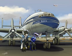 Size: 2338x1815 | Tagged: safe, artist:buckweiser, oc, oc only, oc:delta dart, oc:polaris starshine, hippogriff, unicorn, airport, american flag, aviator sunglasses, clothes, detailed background, duo, fangs, horn, lockheed constellation, magic, male, outdoors, pan am, pilot, pilots cap, plane, propeller, signature, size difference, smug, sunglasses, truck, unicorn oc, unshorn fetlocks