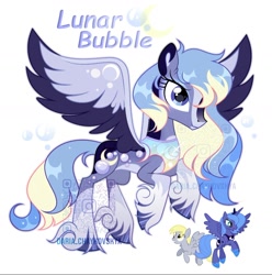 Size: 1080x1089 | Tagged: safe, artist:daria_chaykovskya, derpy hooves, princess luna, oc, oc:lunar bubble, alicorn, pegasus, pony, g4, adoptable, adopted, base used, blaze (coat marking), blue eyes, coat markings, colored eartips, colored hooves, colored pinnae, colored wings, colored wingtips, countershading, eyeshadow, facial markings, female, flying, full body, fusion, fusion:derpy hooves, fusion:lunaderp, fusion:princess luna, hooves, makeup, mare, multicolored wings, obtrusive watermark, pale belly, s1 luna, shiny hooves, shiny mane, shiny tail, simple background, socks (coat markings), spread wings, unshorn fetlocks, watermark, white background, wings