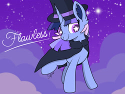 Size: 3200x2400 | Tagged: safe, artist:safire, oc, oc only, oc:flawless sparklemoon, pony, unicorn, my little pony the movie: the death of twilight sparkle, cloak, clothes, ear fluff, female, fusion, fusion:trixie, fusion:twilight sparkle, fusion:twixie, hat, horn, mare, outdoors, signature, solo, starry eyes, stars, top hat, unicorn oc, wingding eyes