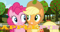 Size: 828x439 | Tagged: safe, artist:itv-canterlot, artist:perplexedpegasus, applejack, pinkie pie, earth pony, pony, g4, apple, apple tree, duo, duo female, female, lesbian, outdoors, ship:applepie, shipping, tree